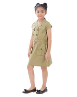 Girls Khaki Casual Shirt Collar Above Knee Solid Half Sleeves Dress