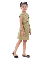 Girls Khaki Casual Shirt Collar Above Knee Solid Half Sleeves Dress