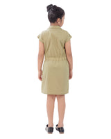 Girls Khaki Casual Shirt Collar Above Knee Solid Half Sleeves Dress