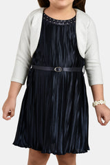 Girls Grey Party Wear Dress With Shrug & Belt
