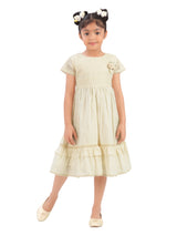 Girls Beige Casual Round Neck Below Knee Solid Half Sleeves Dress
