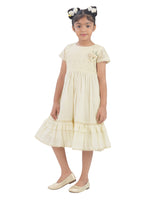 Girls Beige Casual Round Neck Below Knee Solid Half Sleeves Dress