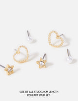 Women's Gold Heart Stud Earring - Set of 3