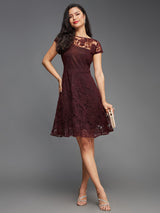 Women's Red Round Neck Cap Sleeves Lace Knee-Long Skater Dress