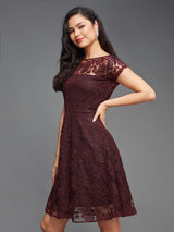 Women's Red Round Neck Cap Sleeves Lace Knee-Long Skater Dress