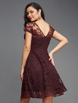 Women's Red Round Neck Cap Sleeves Lace Knee-Long Skater Dress