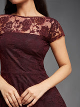 Women's Red Round Neck Cap Sleeves Lace Knee-Long Skater Dress