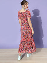 Women's Multicolor Wine Puff Sleeve Floral Ruching Ankle Dress