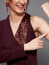 Women's Red Asymmetric Sleeve Embellished Blazer Maxi Dress