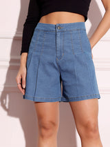 Women's Blue Flared High Rise Denim Shorts