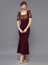 Women's Red Square Puff Sleeve Solid Lace Overlaid Ankle Dress