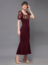 Women's Red Square Puff Sleeve Solid Lace Overlaid Ankle Dress