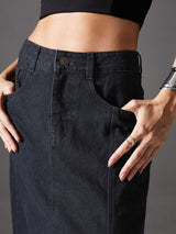 Women's Black Straight Fit High Rise Denim Midi Skirt