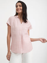 Women's Pink Casual Striped Half Sleeves Regular Top