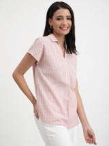 Women's Pink Casual Striped Half Sleeves Regular Top