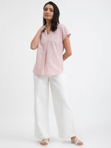Women's Pink Casual Striped Half Sleeves Regular Top