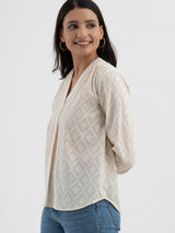 Women's White Casual Printed Three Quarter Sleeves Regular Top