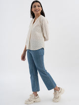 Women's White Casual Printed Three Quarter Sleeves Regular Top