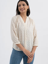 Women's White Casual Printed Three Quarter Sleeves Regular Top