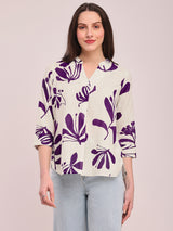 Women's Purple Casual Printed Three Quarter Sleeves Regular Top