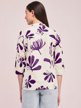 Women's Purple Casual Printed Three Quarter Sleeves Regular Top