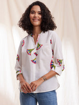 Women's White Casual Printed Three Quarter Sleeves Regular Top