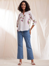 Women's White Casual Printed Three Quarter Sleeves Regular Top