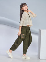 Girls Green Ethnic Three Quarter Sleeves Dhoti Top with Jacket