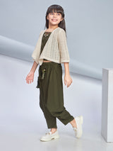 Girls Green Ethnic Three Quarter Sleeves Dhoti Top with Jacket