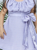 Girls Purple Casual Half Sleeves Dress with Belt