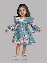 Girls Teal Blue Party Wear Dress With Belt