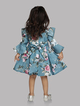 Girls Teal Blue Party Wear Dress With Belt