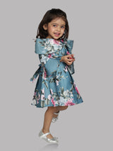 Girls Teal Blue Party Wear Dress With Belt