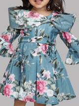 Girls Teal Blue Party Wear Dress With Belt