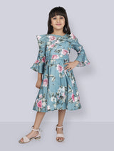 Girls Teal Blue Party Wear Dress With Belt