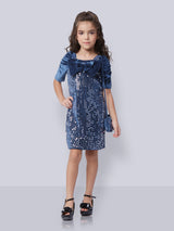 Girls Blue Party Three Quarter Sleeves Dress with Purse