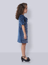 Girls Blue Party Three Quarter Sleeves Dress with Purse