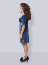 Girls Blue Party Three Quarter Sleeves Dress with Purse