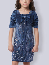 Girls Blue Party Three Quarter Sleeves Dress with Purse