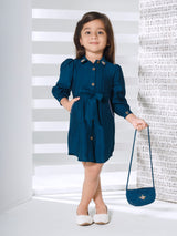 Girls Blue Festive Three Quarter Sleeves Dress with Purse