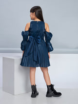 Girls Blue Party Full Sleeves Dress With Belt