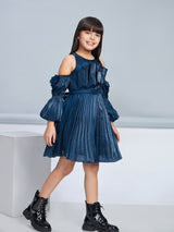 Girls Blue Party Full Sleeves Dress With Belt