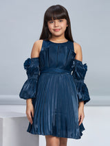 Girls Blue Party Full Sleeves Dress With Belt