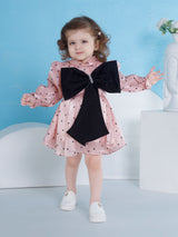 Girls Peach Party Full Sleeves Dress with Belt