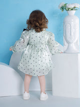 Girls Green Party Full Sleeves Dress with Belt