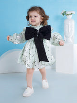 Girls Green Party Full Sleeves Dress with Belt