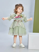 Girls Green Party Three Quarter Sleeves Dress