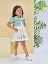 Girls Green Party Half Sleeves Dress with Jacket