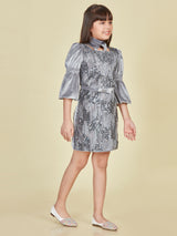 Girls Grey Party Wear Dress with Leggings & Belt