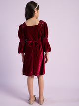 Girls Maroon Party Three Quarter Sleeves Dress with Leggings & Belt